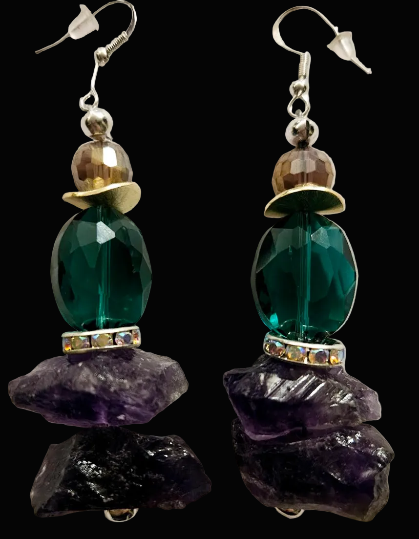 Rough Amethyst & Emerald Green Crystal Pierced Statement Earrings
