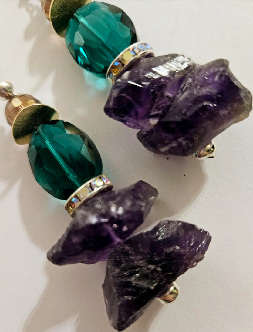 Rough Amethyst & Crystal Pierced Statement Earrings Purple and Emera