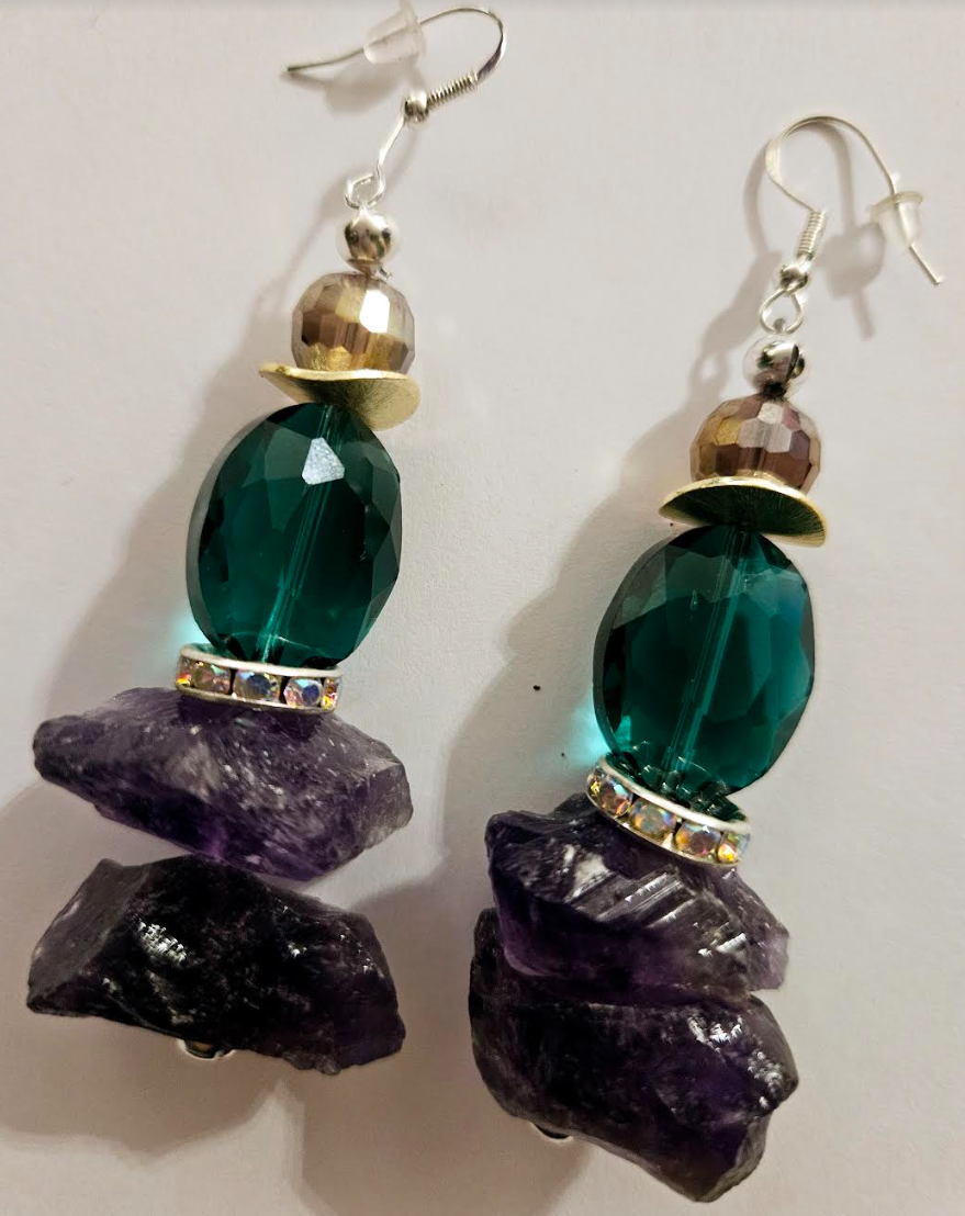 Rough Amethyst & Crystal Pierced Statement Earrings Purple and Emera