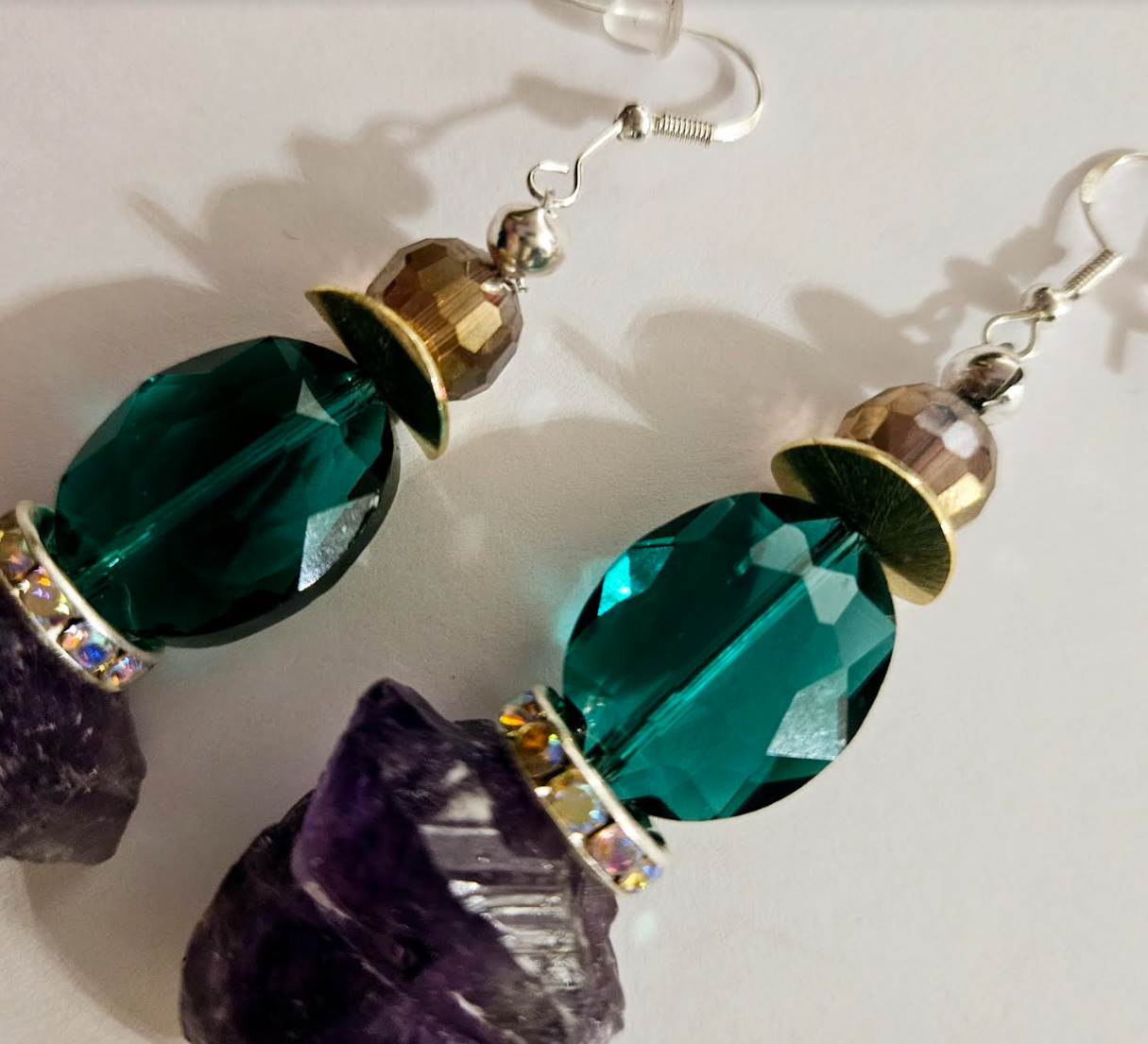 Rough Amethyst & Crystal Pierced Statement Earrings Purple and Emera