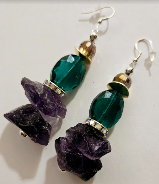 Rough Amethyst & Crystal Pierced Statement Earrings Purple and Emera