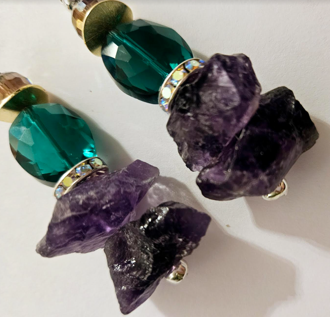 Rough Amethyst & Crystal Pierced Statement Earrings Purple and Emera