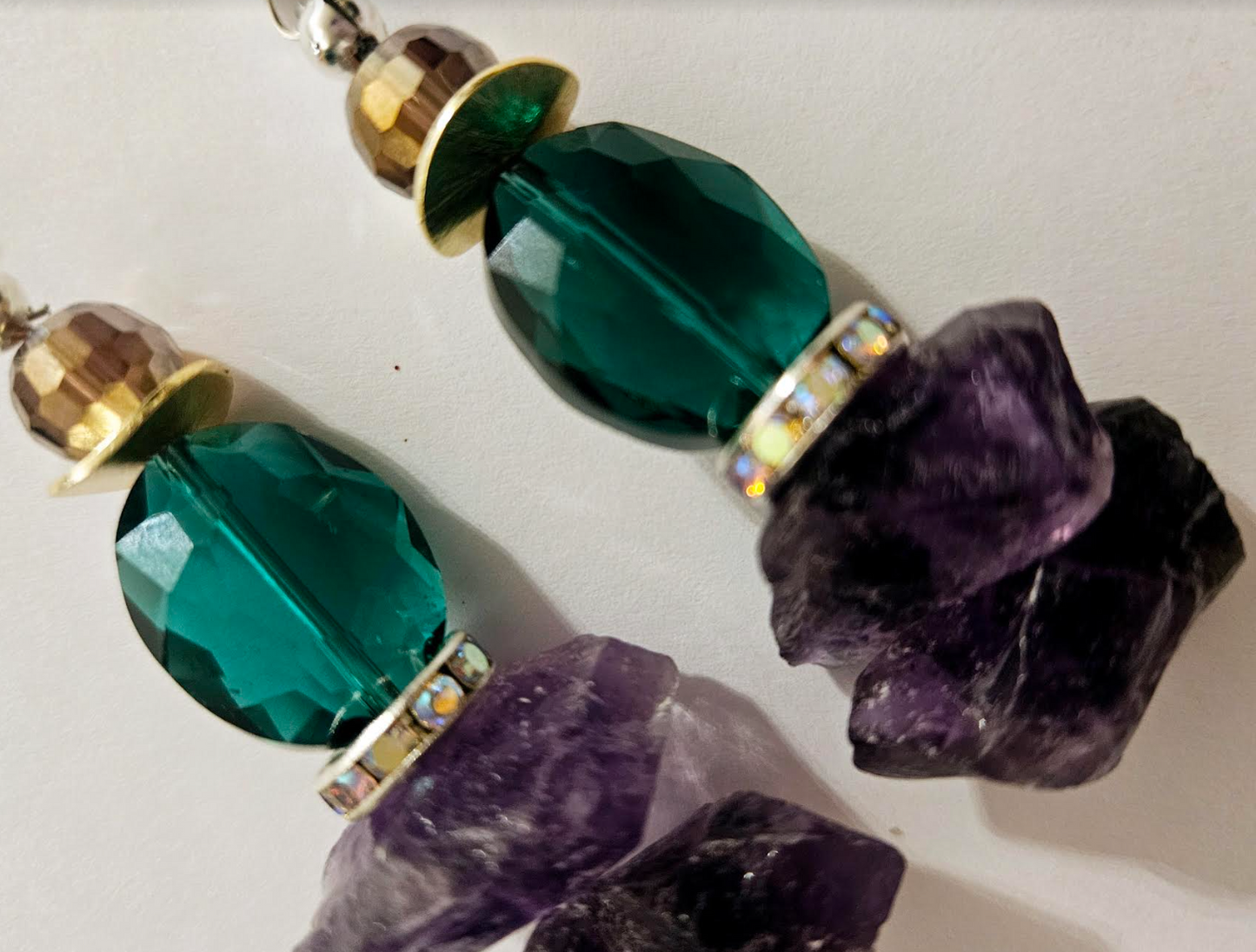 Rough Amethyst & Crystal Pierced Statement Earrings Purple and Emera