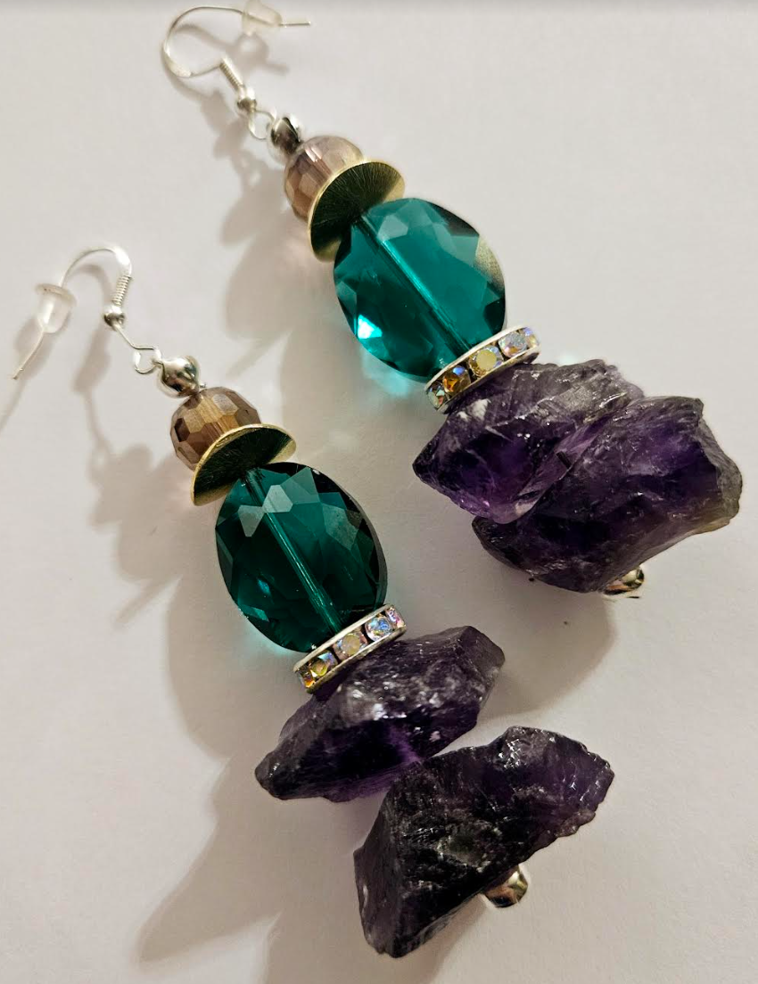 Rough Amethyst & Crystal Pierced Statement Earrings Purple and Emera