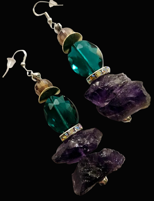 Rough Amethyst & Emerald Green Crystal Pierced Statement Earrings