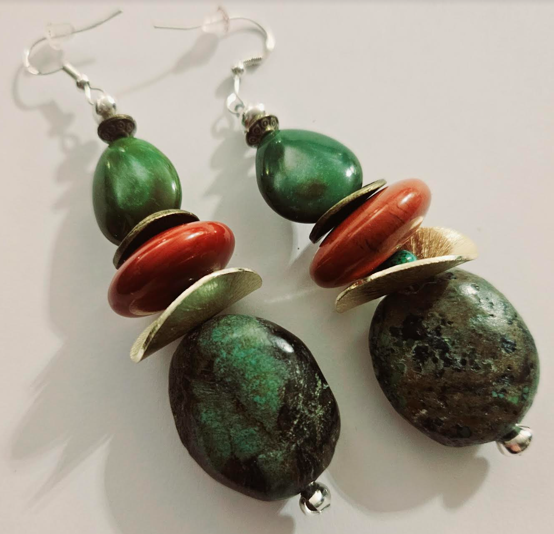 Turquoise & Red Agate Jasper Beaded Dangle Pierced Statement Earrings