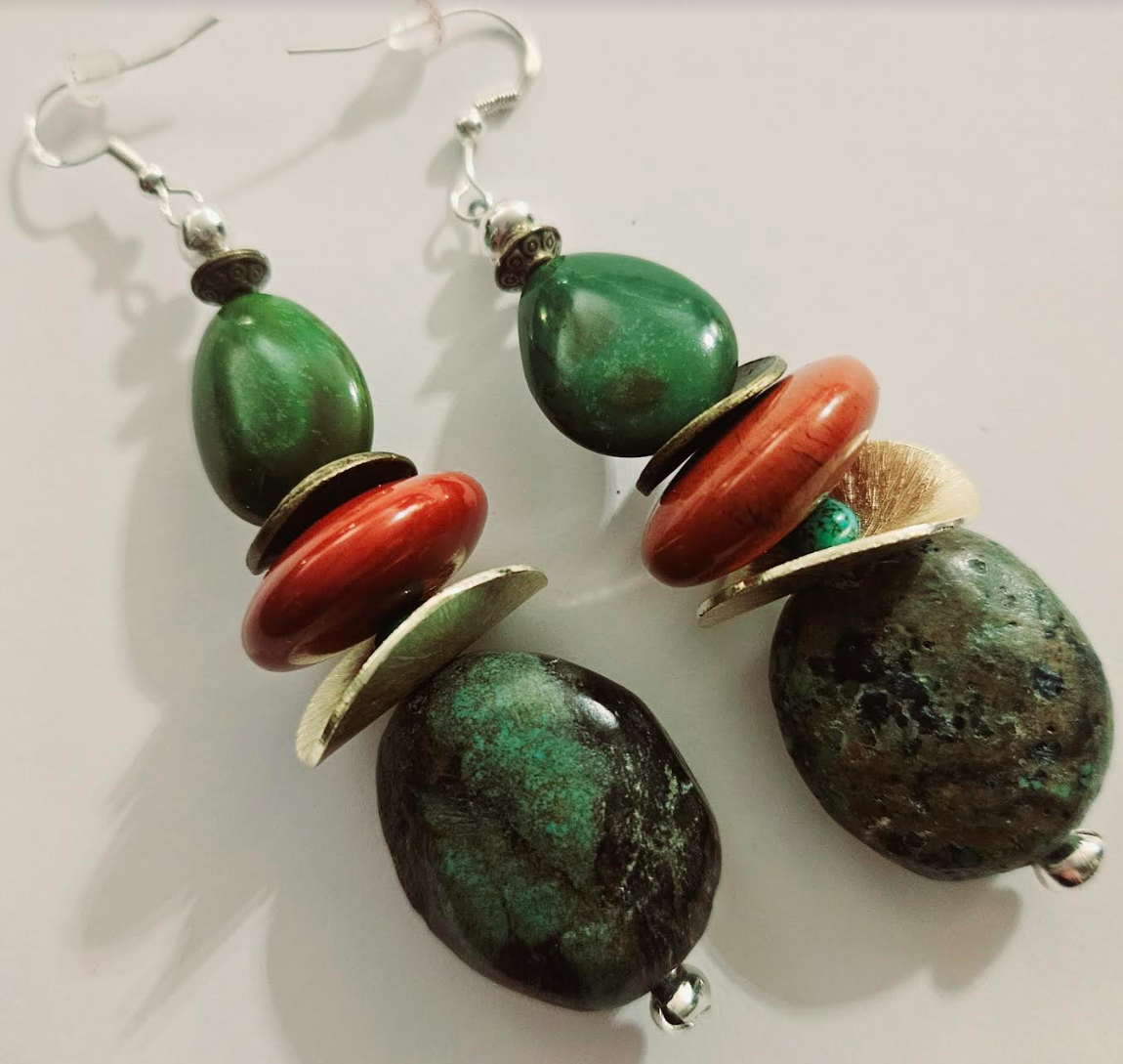 Turquoise & Red Agate Jasper Beaded Dangle Pierced Statement Earrings