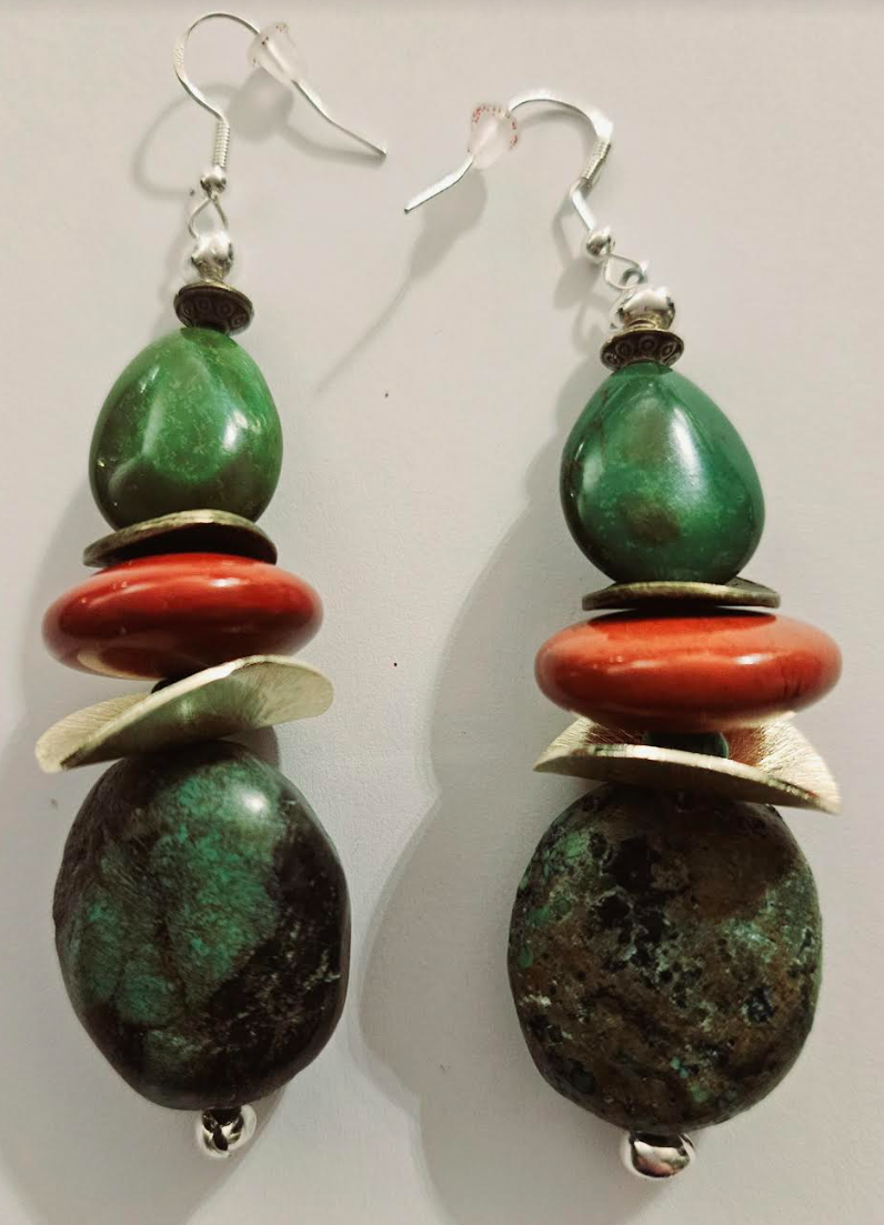 Turquoise & Red Agate Jasper Beaded Dangle Pierced Statement Earrings