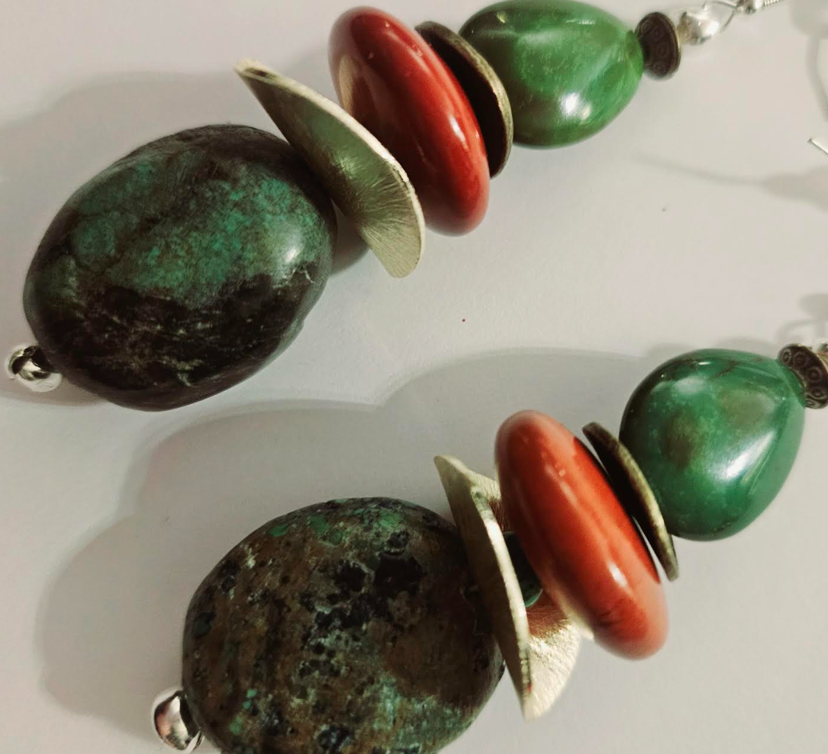 Turquoise & Red Agate Jasper Beaded Dangle Pierced Statement Earrings