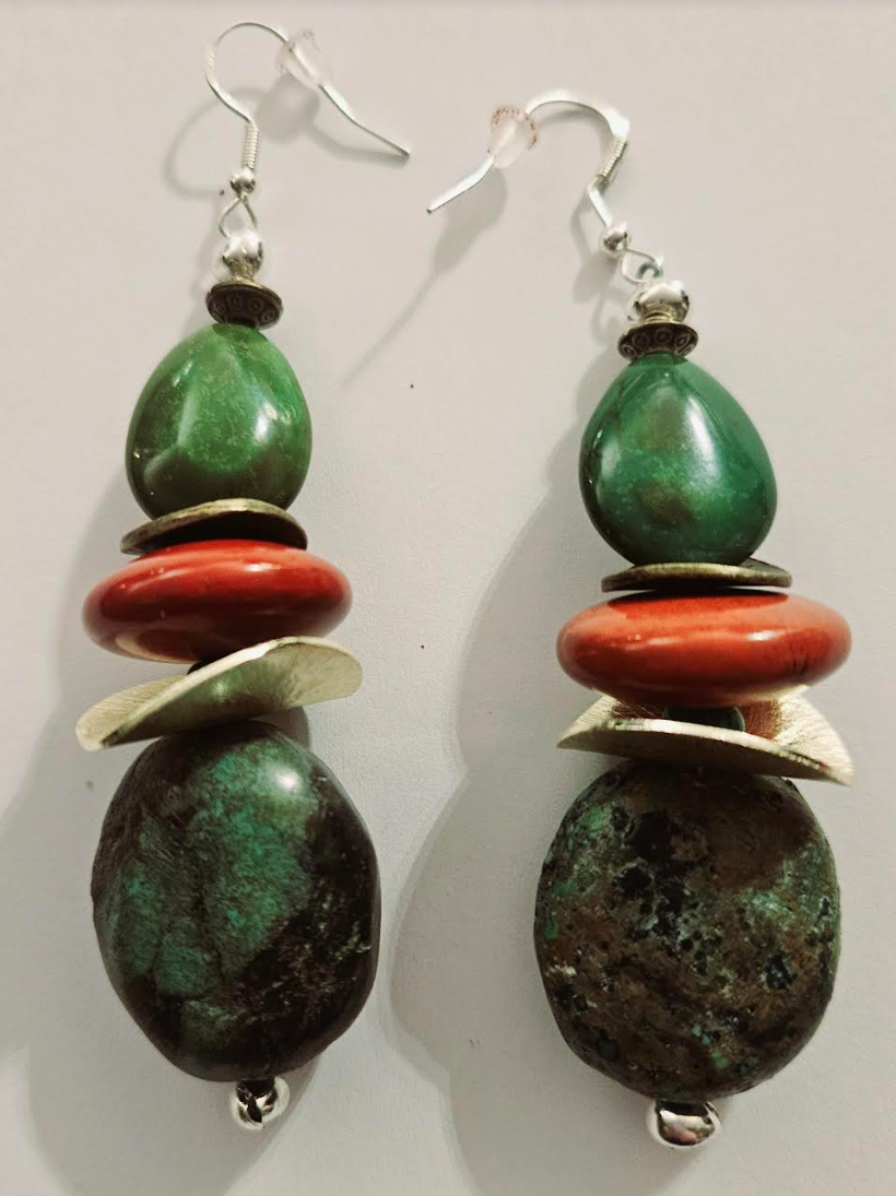 Turquoise & Red Agate Jasper Beaded Dangle Pierced Statement Earrings