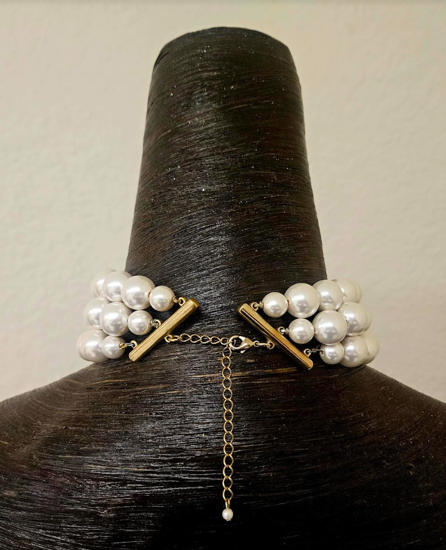 Art Nouveau Goddess Metal Pendant & Multi Strand Faux Pearl Luxe Necklace