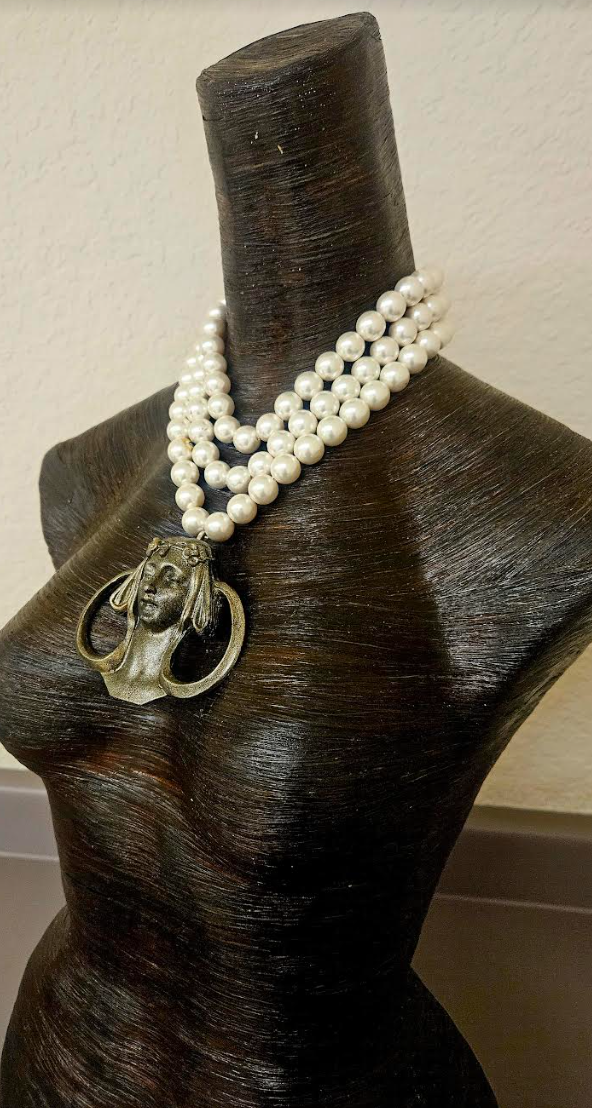 Art Nouveau Goddess Metal Pendant & Multi Strand Faux Pearl Luxe Necklace