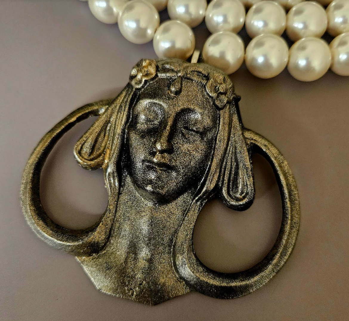 Art Nouveau Goddess Metal Pendant & Multi Strand Faux Pearl Luxe Necklace