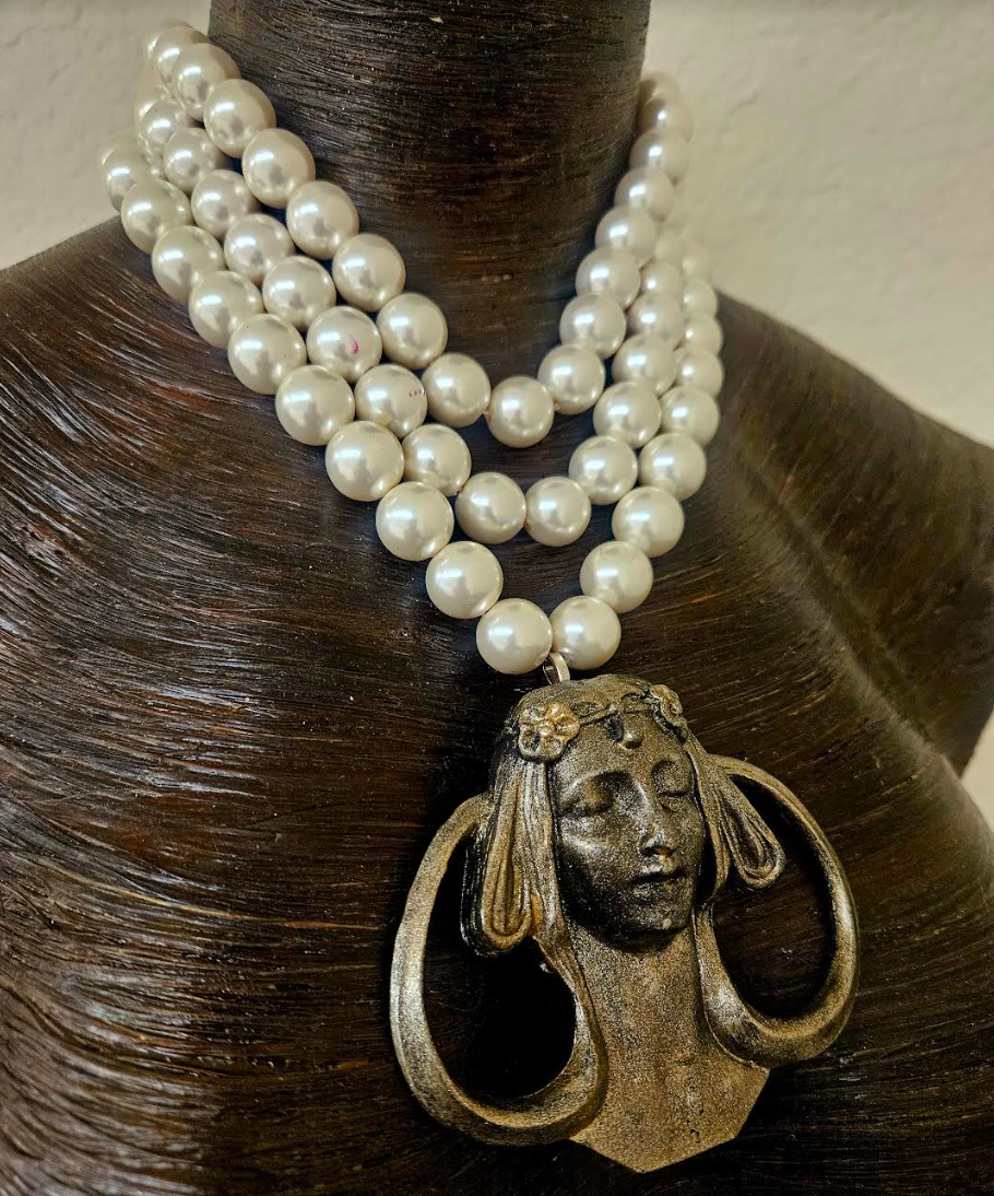 Art Nouveau Goddess Metal Pendant & Multi Strand Faux Pearl Luxe Necklace