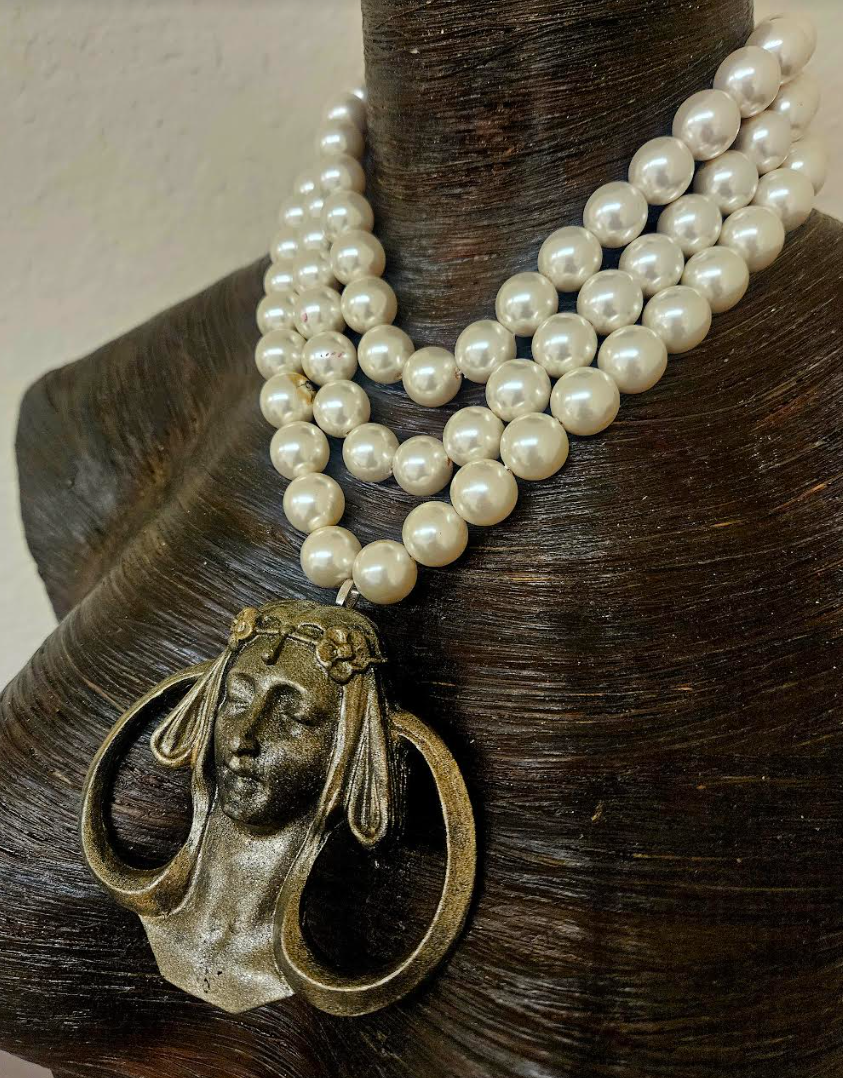 Art Nouveau Goddess Metal Pendant & Multi Strand Faux Pearl Luxe Necklace