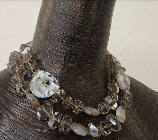 Faceted Smoky Quartz Agate & Geode Slice Gemstone Rope Autumn Nec