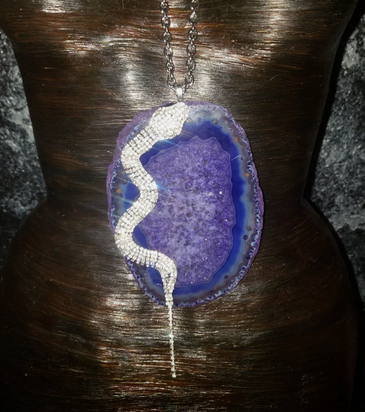 Purple Agate & Rhinestone Snake Statement Gemstone Pendant - Avant Garde