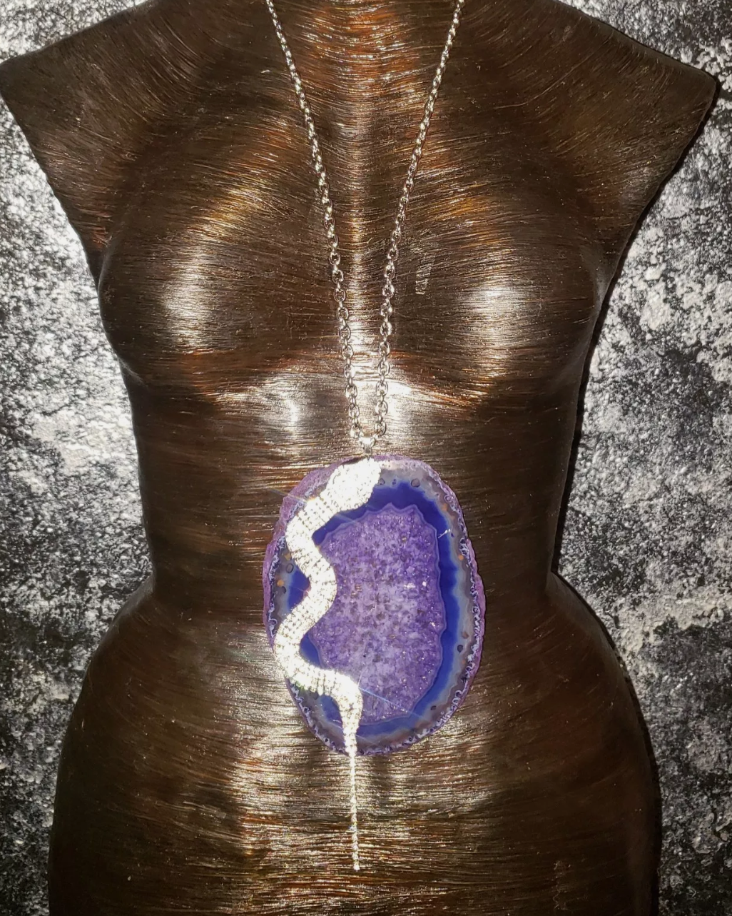 Purple Agate & Rhinestone Snake Statement Gemstone Pendant - Avant Garde