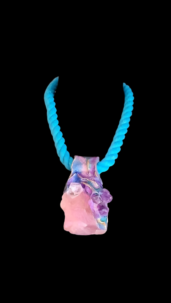 Rough Rose Quartz Amethyst & Apophyllite Sculpted Gemstone Pendant Wit