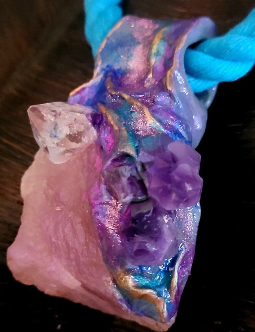 Rough Rose Quartz Amethyst & Apophyllite Sculpted Gemstone Pendant