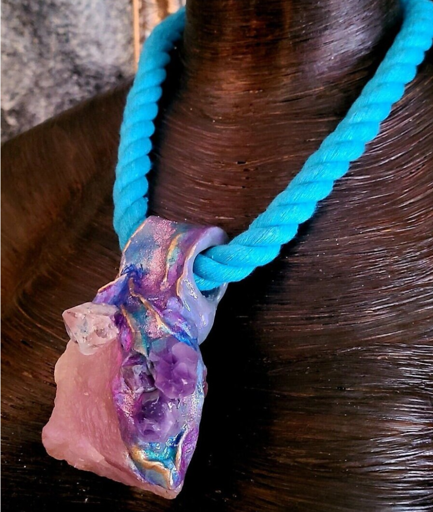 Rough Rose Quartz Amethyst & Apophyllite Sculpted Gemstone Pendant Wit