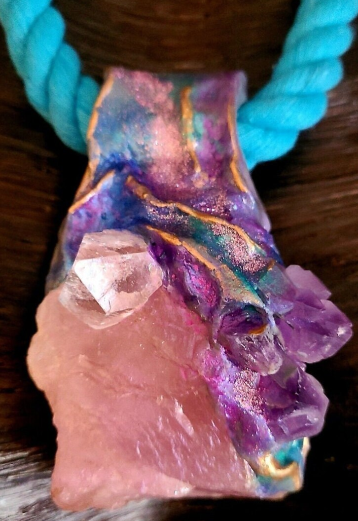 Rough Rose Quartz Amethyst & Apophyllite Sculpted Gemstone Pendant Wit