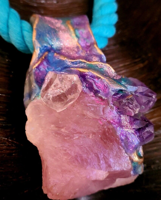 Rough Rose Quartz Amethyst & Apophyllite Sculpted Gemstone Pendant