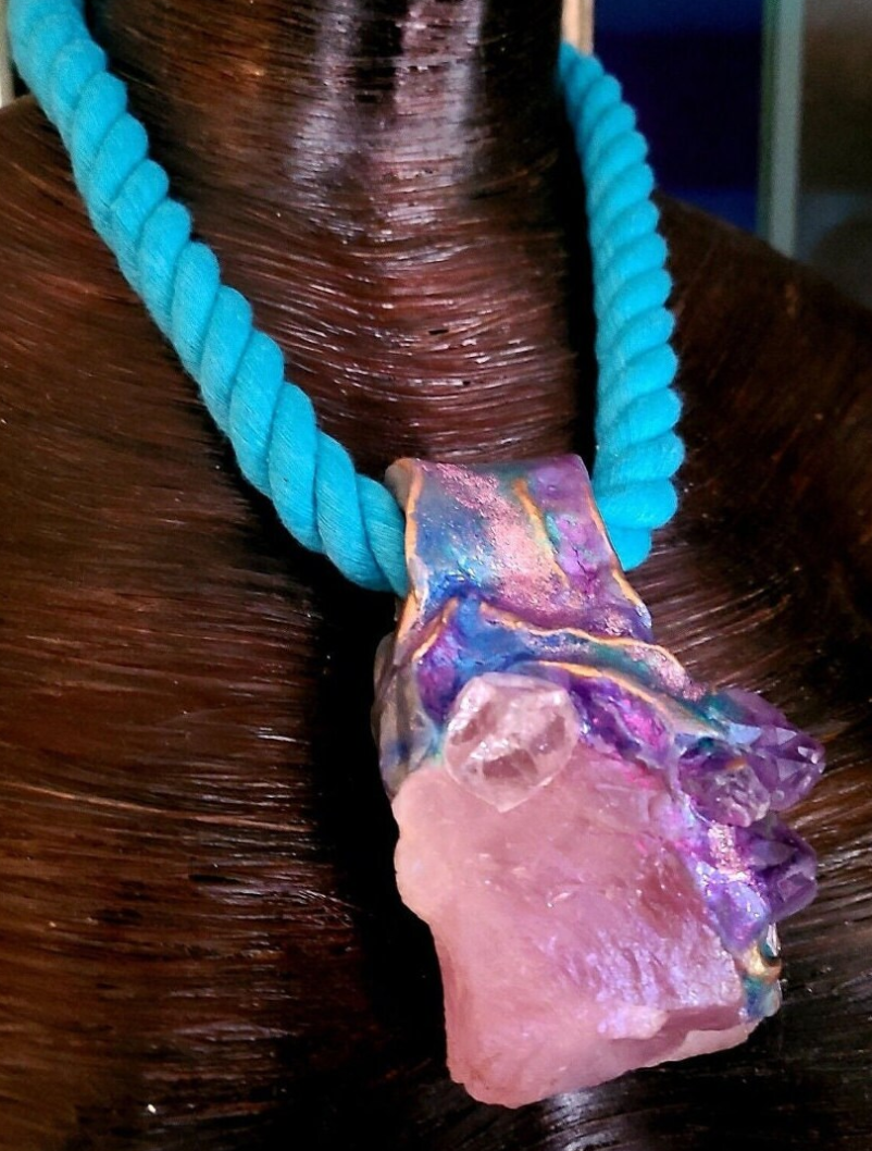 Rough Rose Quartz Amethyst & Apophyllite Sculpted Gemstone Pendant Wit