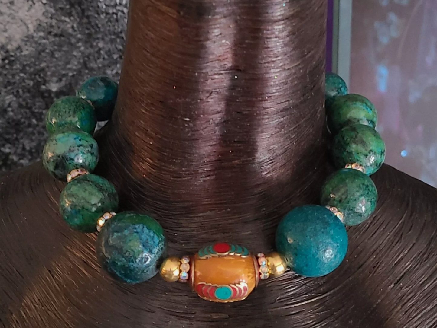 Big Beaded Chrysocolla & Resin Beaded Choker Iris Apfel Style Nec