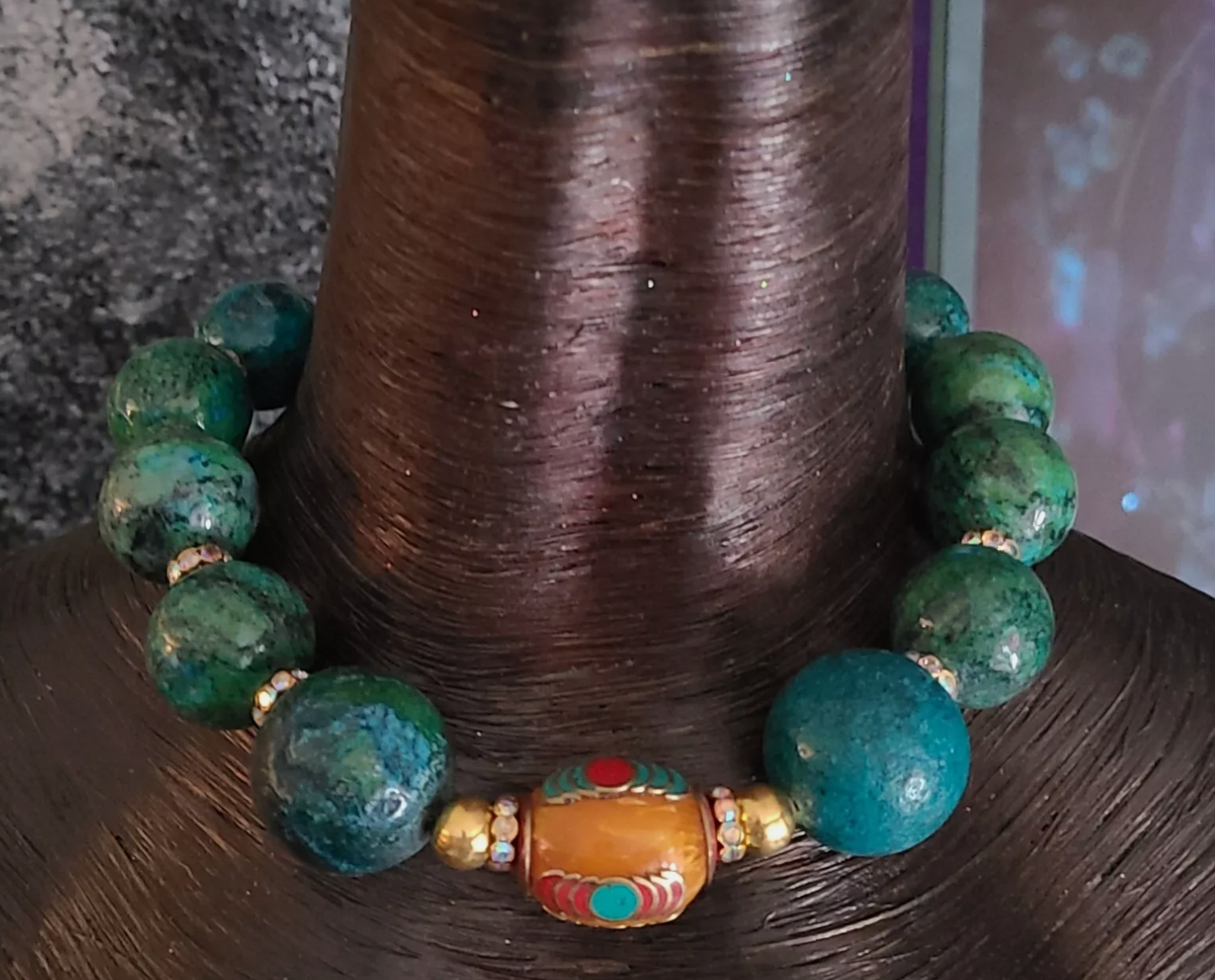 Big Beaded Chrysocolla & Resin Beaded Choker Iris Apfel Style Nec