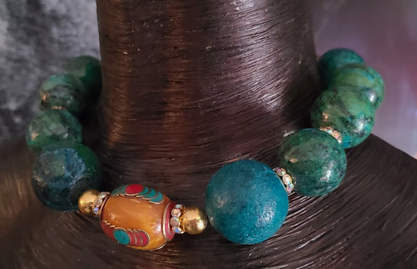 Big Beaded Chrysocolla & Resin Beaded Choker Iris Apfel Style Nec