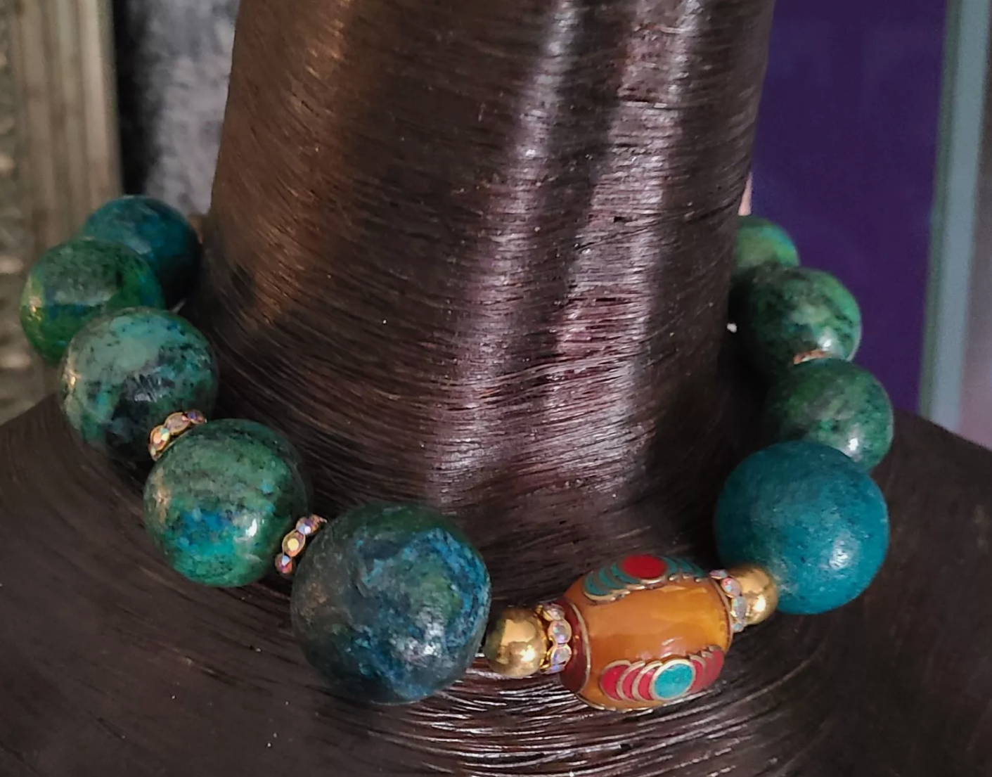 Big Beaded Chrysocolla & Resin Beaded Choker Iris Apfel Style Nec