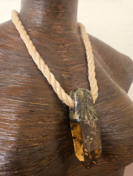 Polished and Faceted Sculpted Smoky Quartz Gemstone Pendant with Hemp