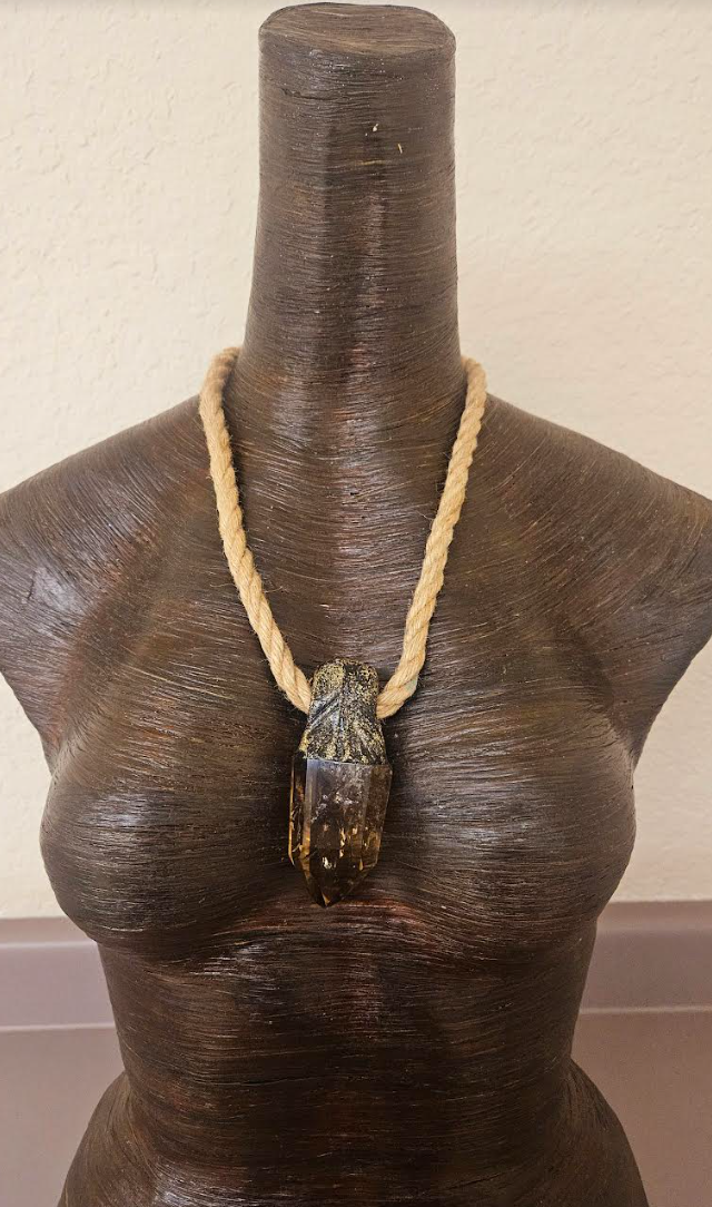 Polished and Faceted Sculpted Smoky Quartz Gemstone Pendant with Hemp