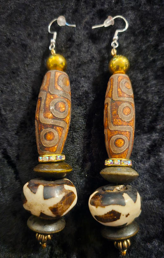 Exotic Earth Tone Tribal Beaded Pierced Statement Earrings - Ethnic