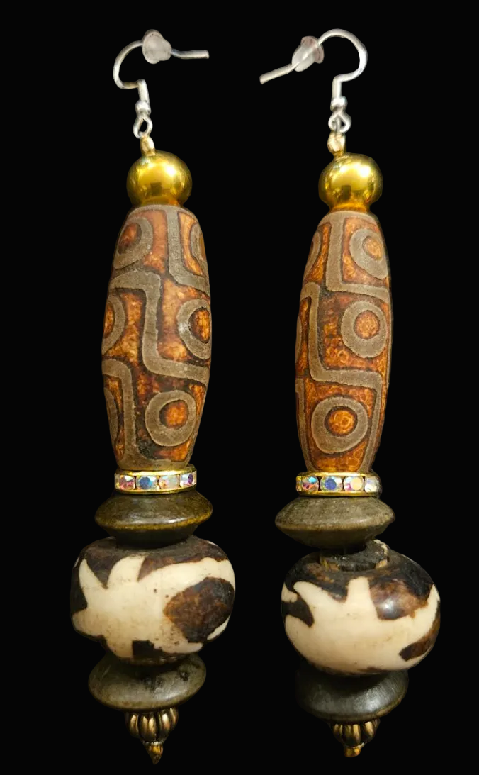 Exotic Earth Tone Tribal Beaded Pierced Statement Earrings - Ethnic