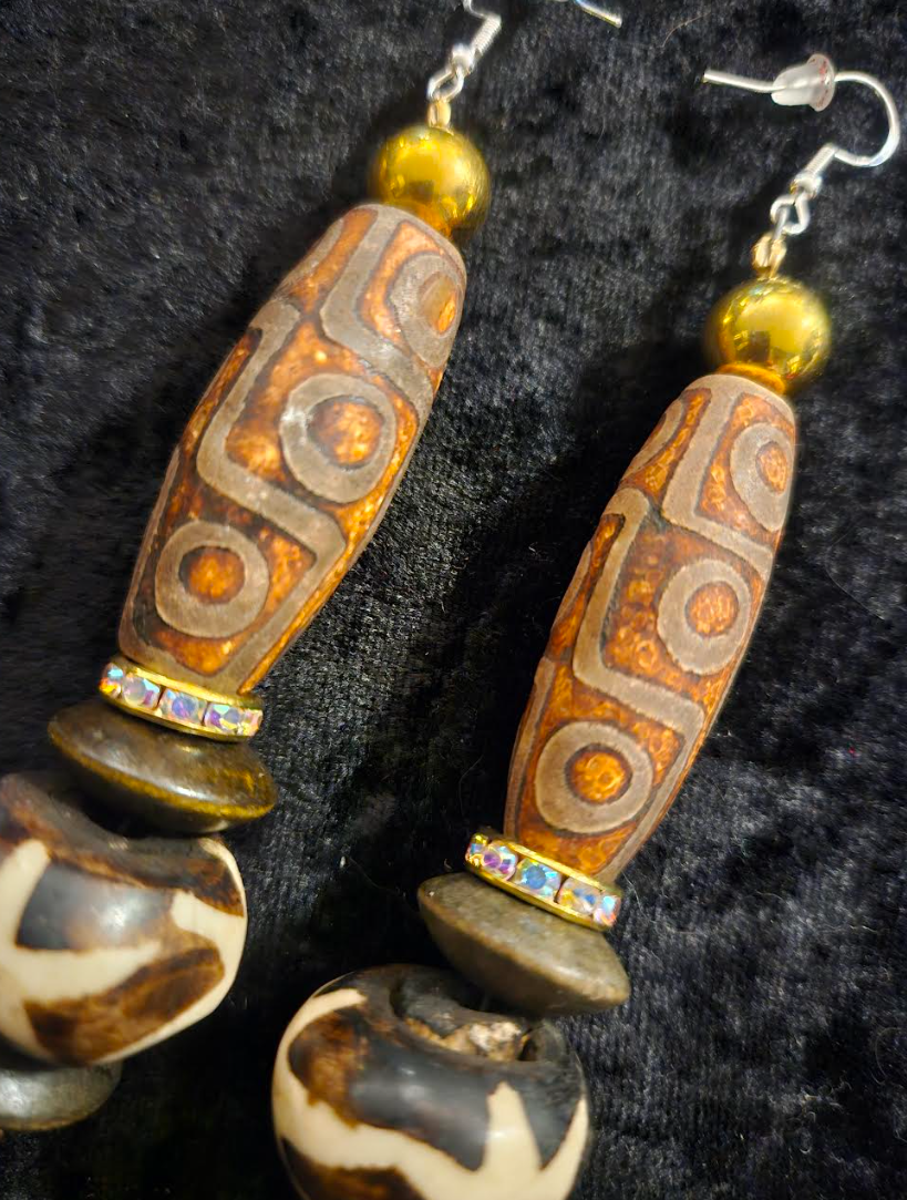 Exotic Earth Tone Tribal Beaded Pierced Statement Earrings - Ethnic