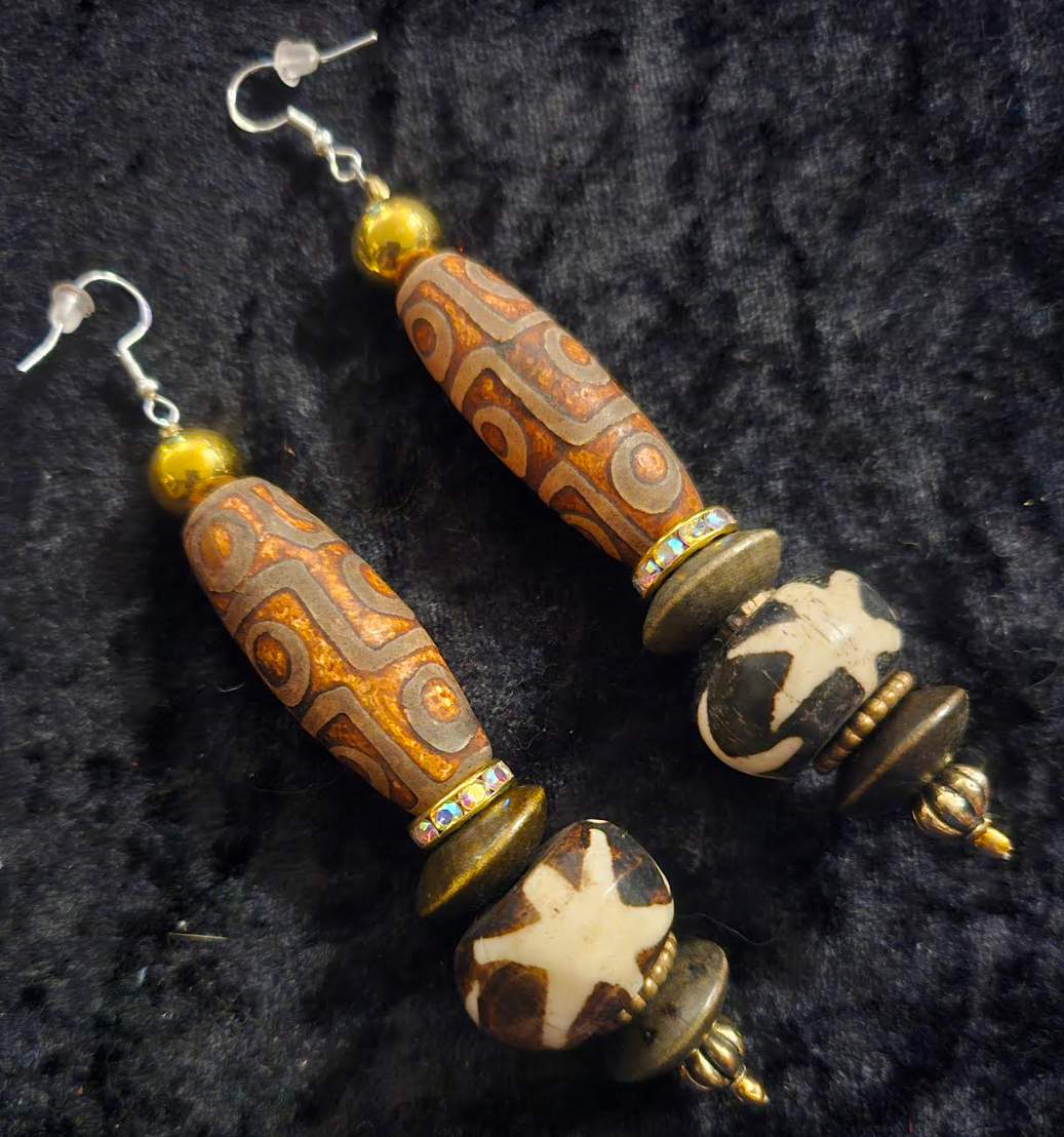 Exotic Earth Tone Tribal Beaded Pierced Statement Earrings - Ethnic