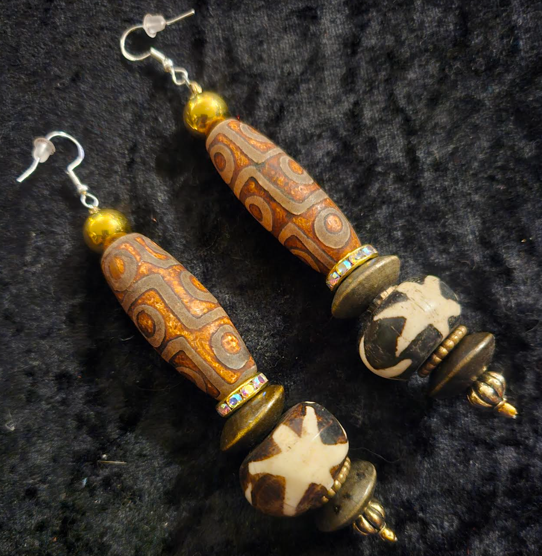 Exotic Earth Tone Tribal Beaded Pierced Statement Earrings - Ethnic