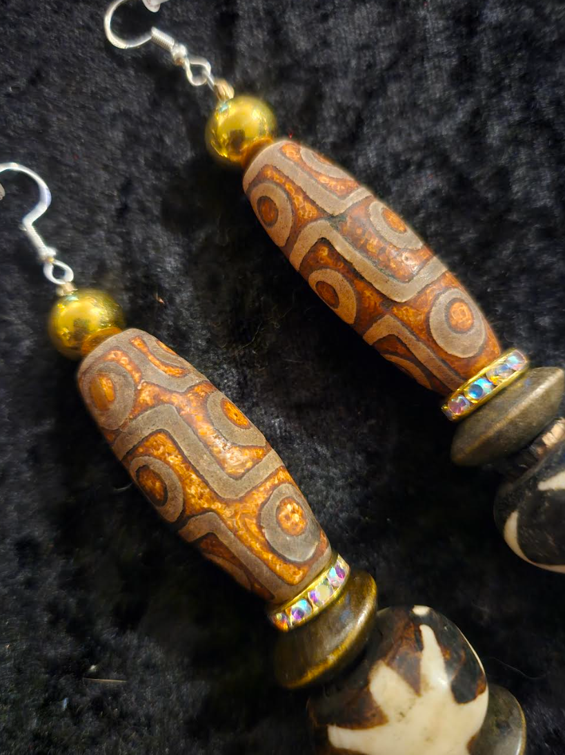 Exotic Earth Tone Tribal Beaded Pierced Statement Earrings - Ethnic
