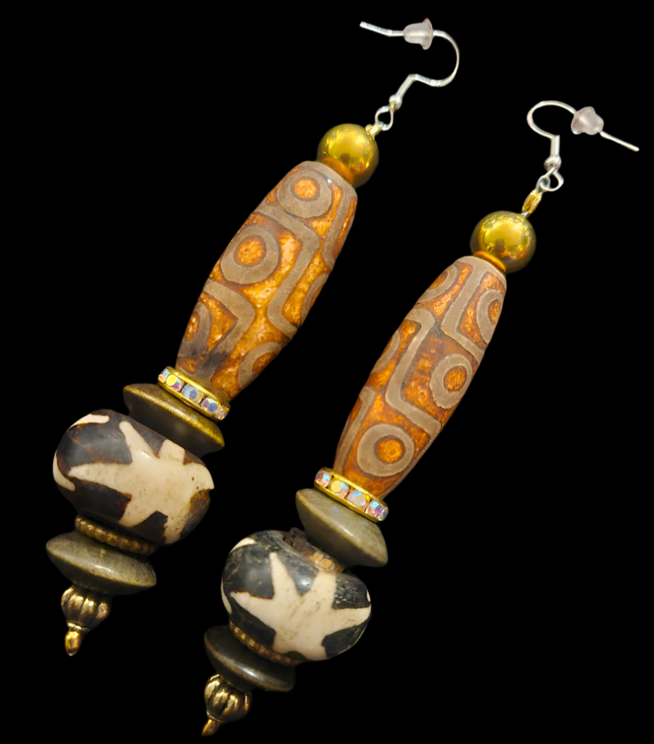 Exotic Earth Tone Tribal Beaded Pierced Statement Earrings - Ethnic