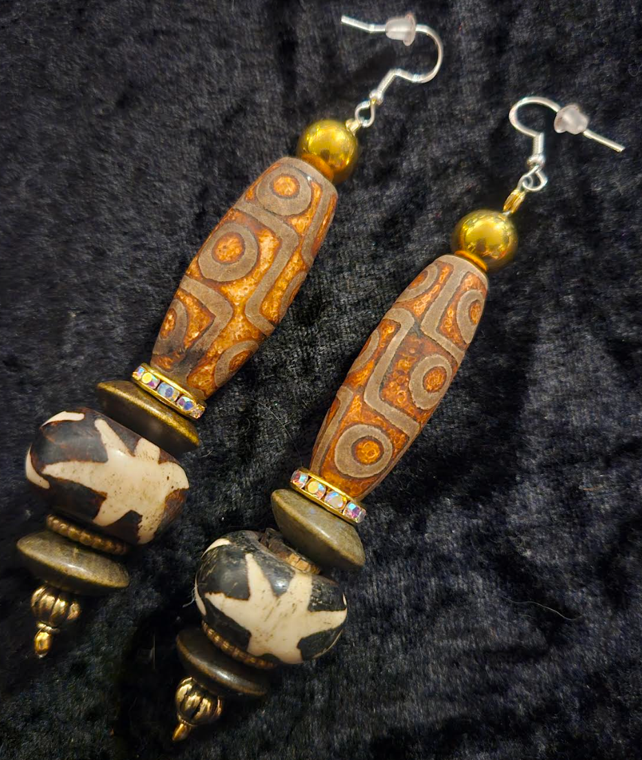 Exotic Earth Tone Tribal Beaded Pierced Statement Earrings - Ethnic