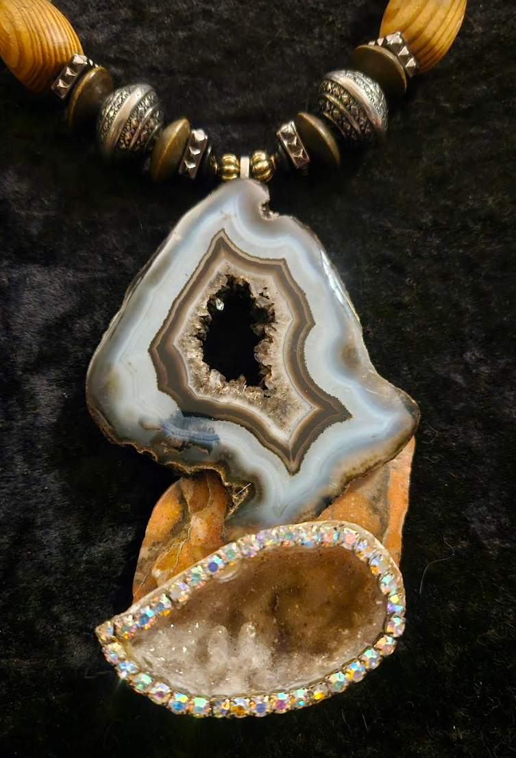 Earth Tone Druzy Agate Jasper & Rhinestone Geode Gemstone Pendant Mi