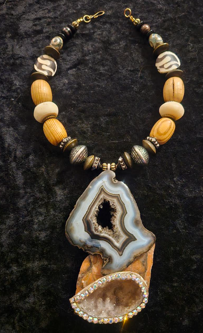 Earth Tone Druzy Agate Jasper & Rhinestone Geode Gemstone Pendant Mi
