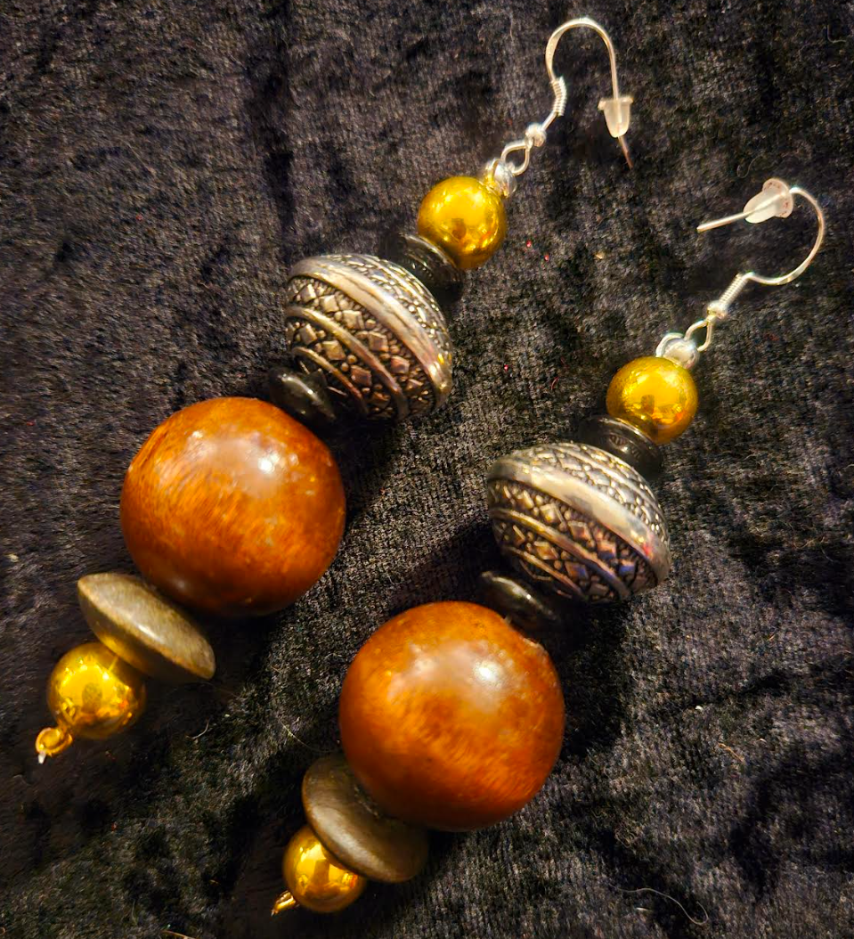 Brown Black Silver & Gold Beaded Tribal Pierced Statement Earrings E