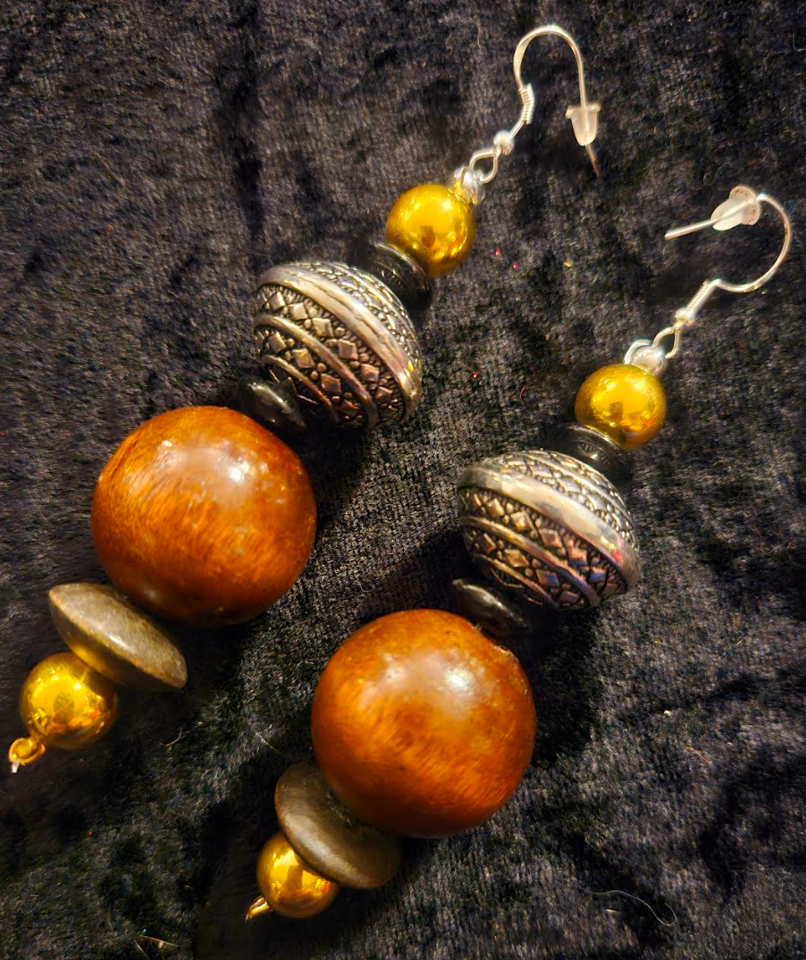 Brown Black Silver & Gold Beaded Tribal Pierced Statement Earrings E