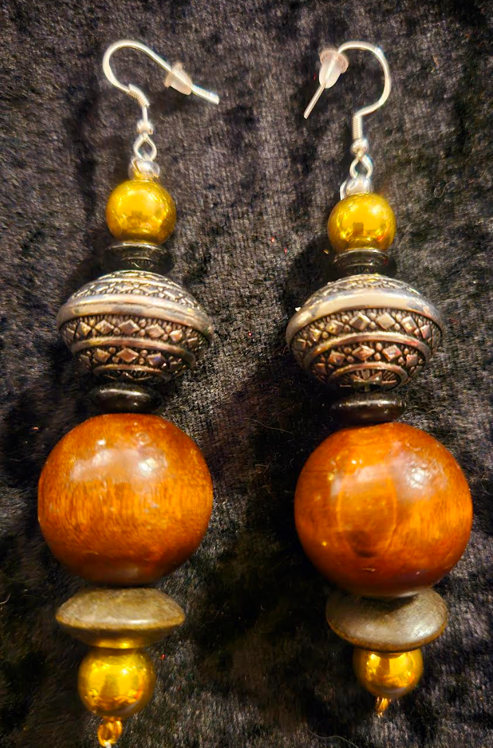 Brown Black Silver & Gold Beaded Tribal Pierced Statement Earrings E