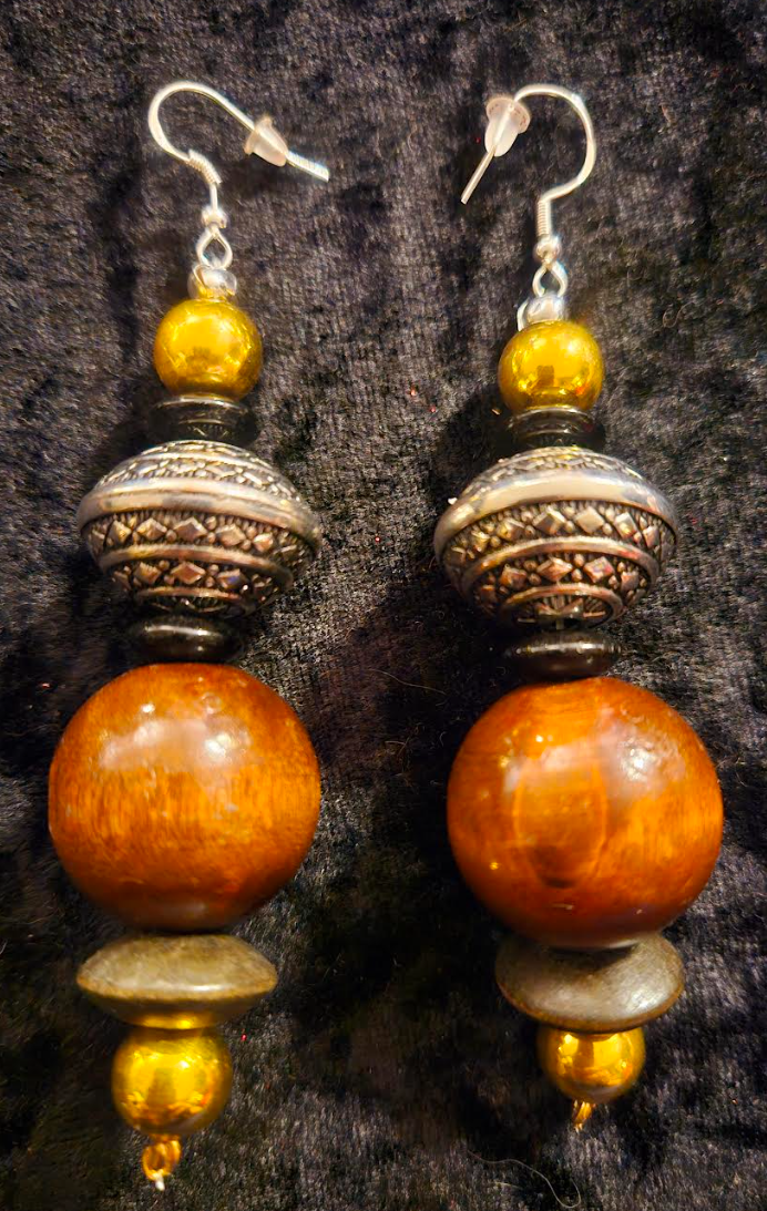 Brown Black Silver & Gold Beaded Tribal Pierced Statement Earrings E
