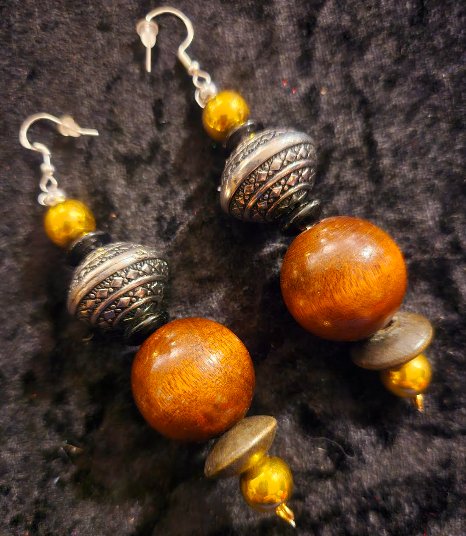 Brown Black Silver & Gold Beaded Tribal Pierced Statement Earrings E