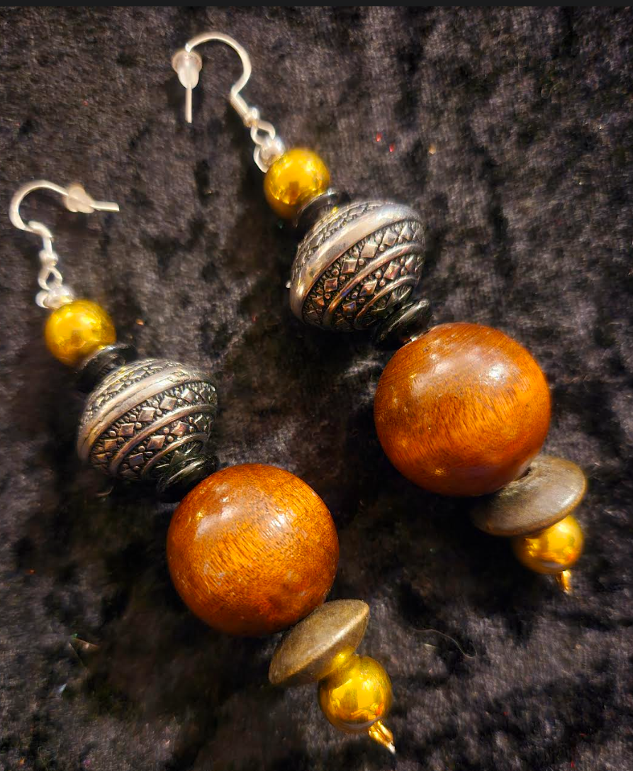 Brown Black Silver & Gold Beaded Tribal Pierced Statement Earrings E